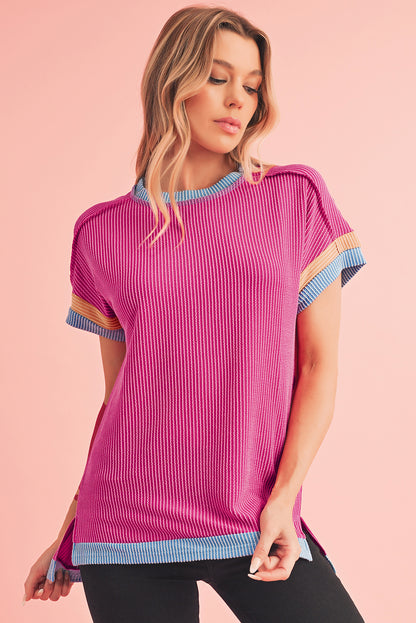 Rose Red Textured Colorblock Round Neck T Shirt