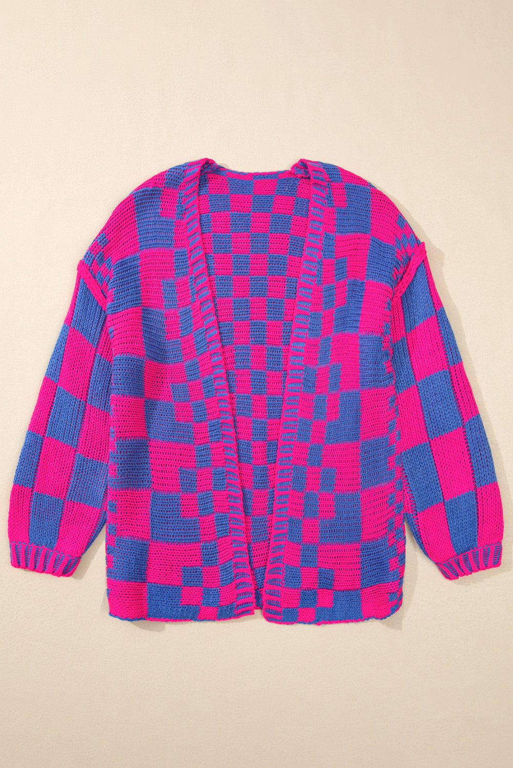 Taupe Colorblock Checked Open Front Knitted Cardigan