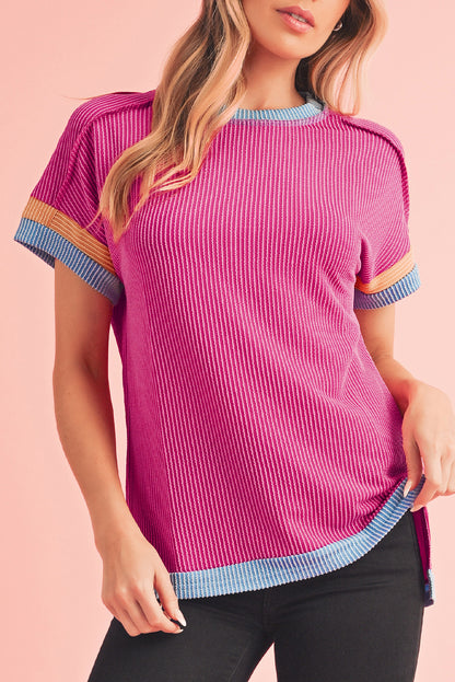 Rose Red Textured Colorblock Round Neck T Shirt