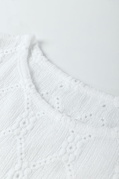 White Embroidered Floral Geometric Button Short Sleeve Top