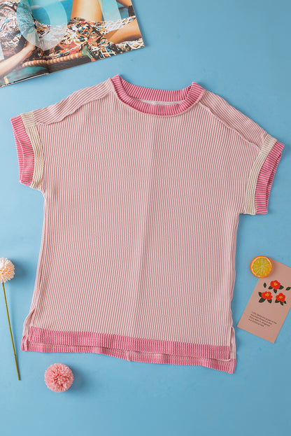 Rose Red Textured Colorblock Round Neck T Shirt