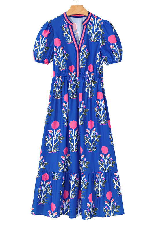 Sky Blue Floral Ruffle Hem Pop of Color Neckline Dress