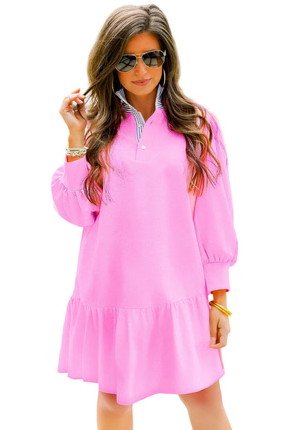 Pink Striped Collar Long Sleeve Ruffle Hem Dress