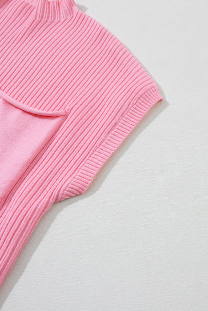 Dark Blue Patch Pocket Ribbed Knit Short Sleeve Sweater