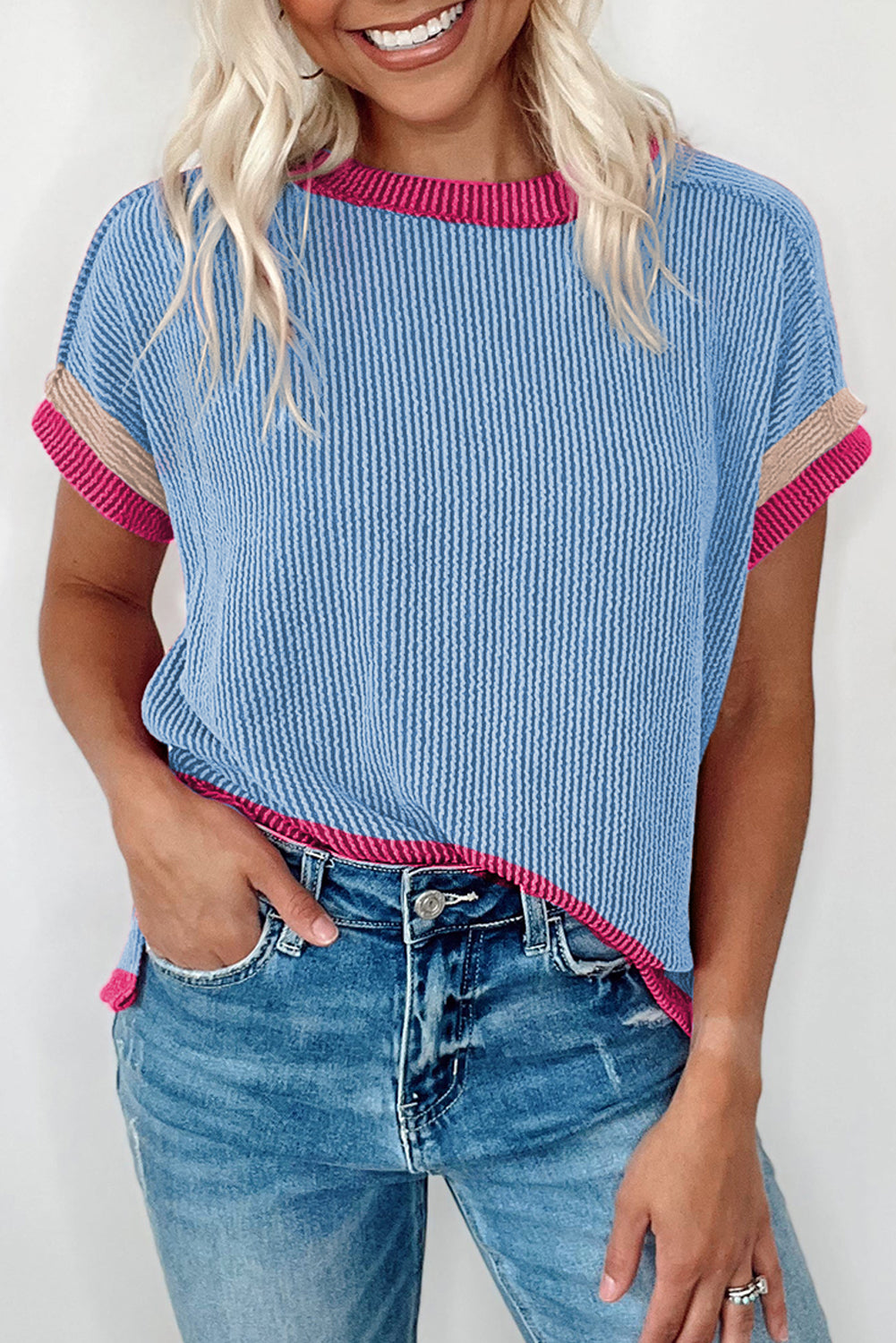 Rose Red Textured Colorblock Round Neck T Shirt