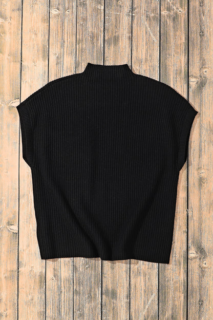 Dark Blue Patch Pocket Ribbed Knit Short Sleeve Sweater