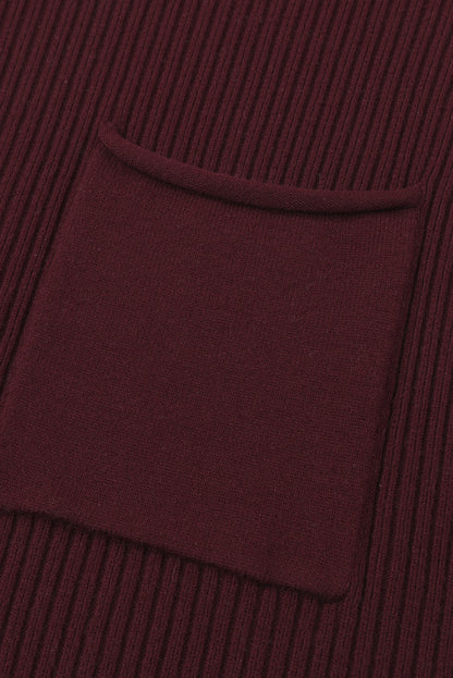 Dark Blue Patch Pocket Ribbed Knit Short Sleeve Sweater