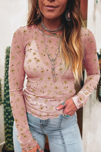 Sky Blue Floral Print Mesh Slim Fit Long Sleeve Top