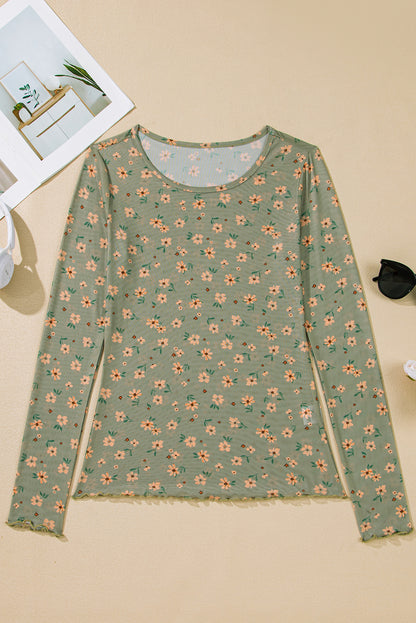 Sky Blue Floral Print Mesh Slim Fit Long Sleeve Top