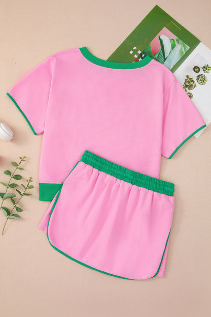 Turquoise Colorblock Edge Drop Shoulder T Shirt and Skort Set
