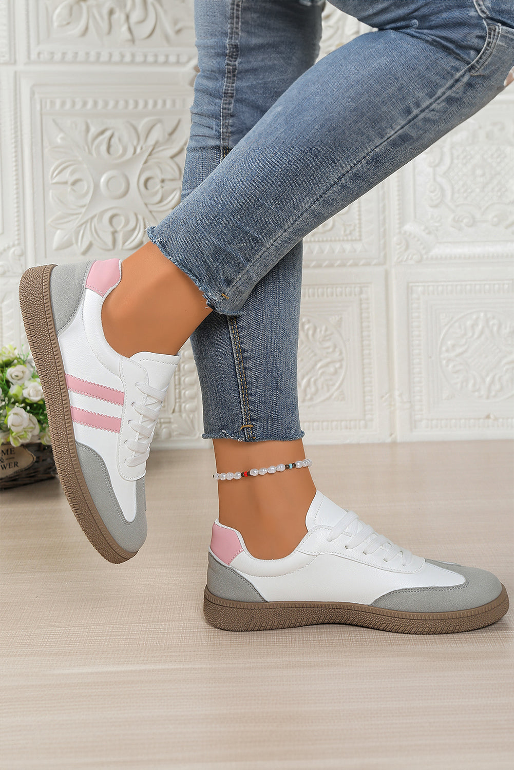 White Faux Leather Lace Up Flat Sneakers