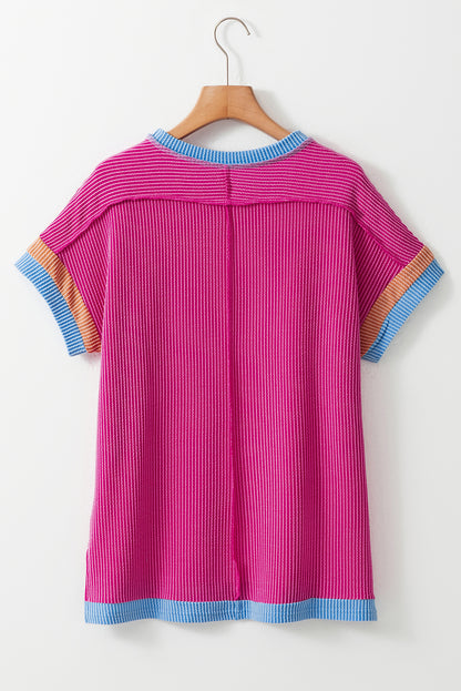 Rose Red Textured Colorblock Round Neck T Shirt