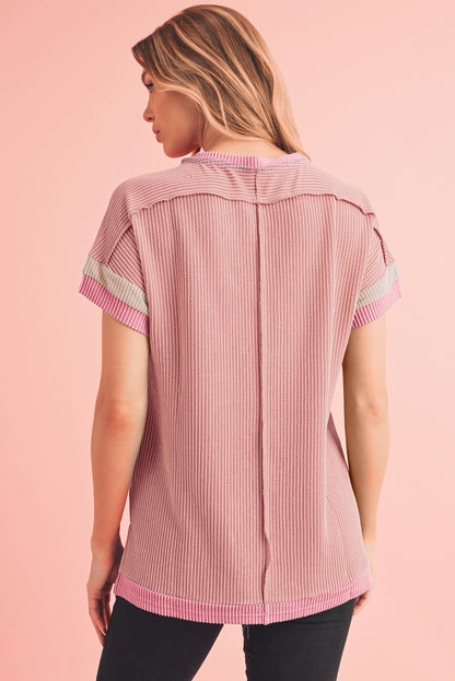 Rose Red Textured Colorblock Round Neck T Shirt