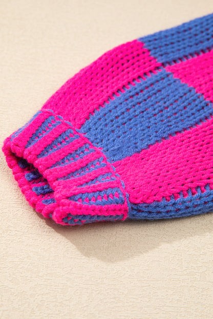 Taupe Colorblock Checked Open Front Knitted Cardigan