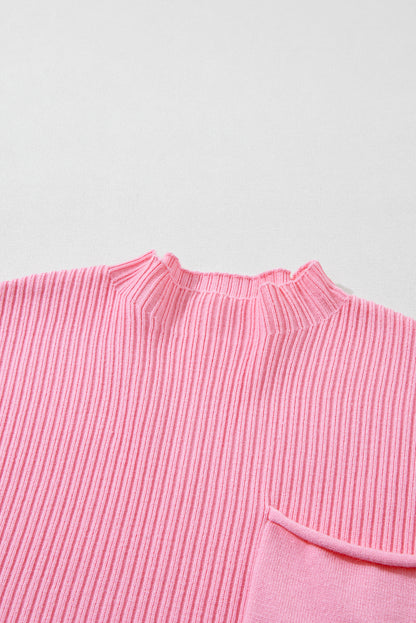 Dark Blue Patch Pocket Ribbed Knit Short Sleeve Sweater