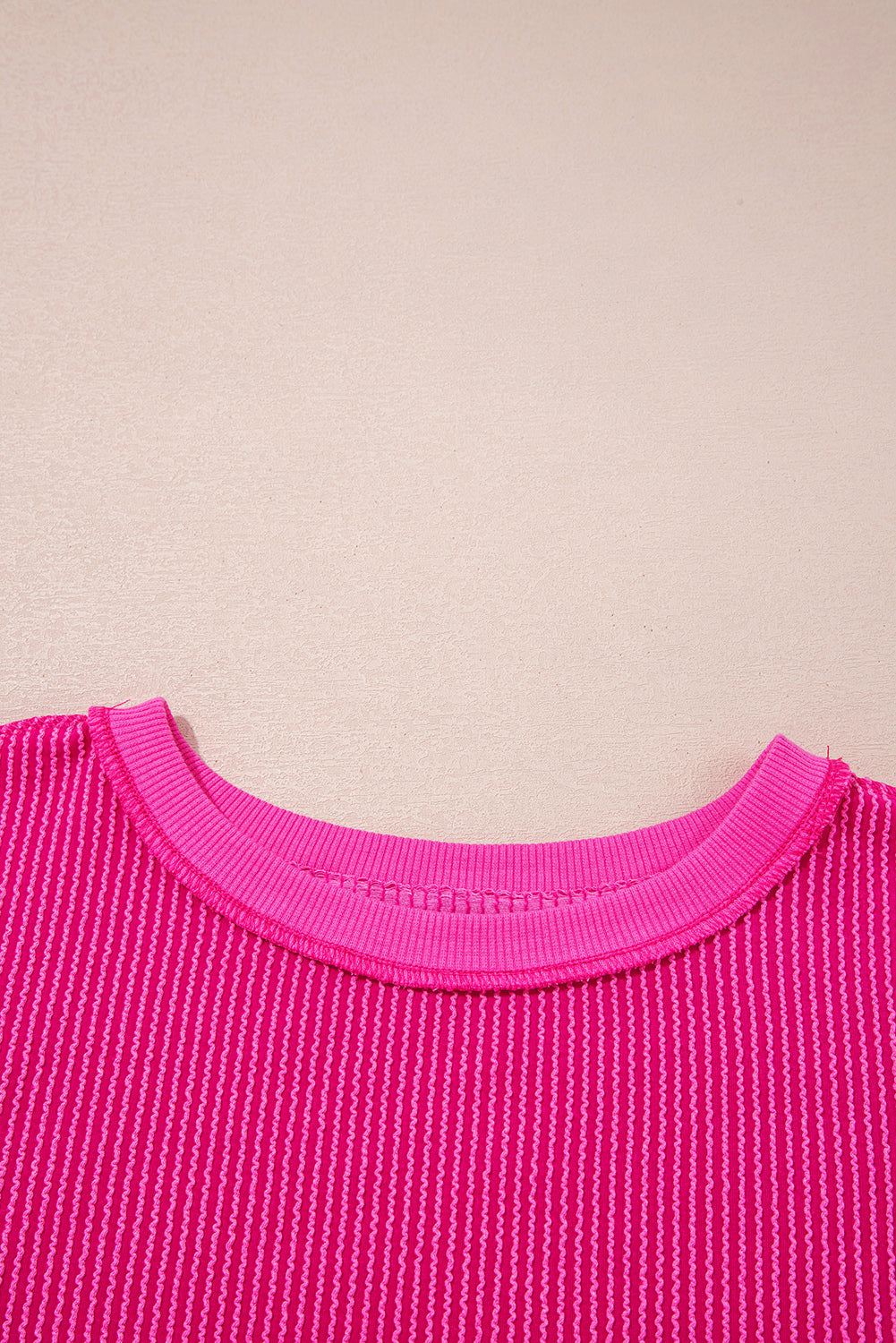 Strawberry Pink Twisted Ribbed Seamed Patchwork Long Sleeve Top