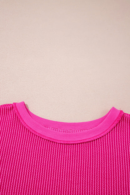 Strawberry Pink Twisted Ribbed Seamed Patchwork Long Sleeve Top