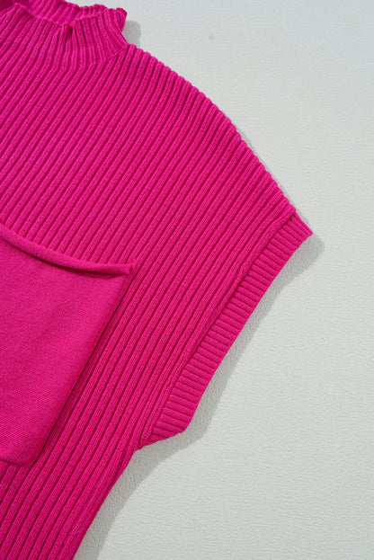 Dark Blue Patch Pocket Ribbed Knit Short Sleeve Sweater