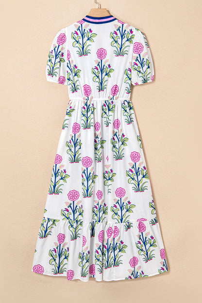 Sky Blue Floral Ruffle Hem Pop of Color Neckline Dress