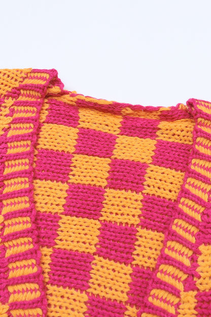 Taupe Colorblock Checked Open Front Knitted Cardigan