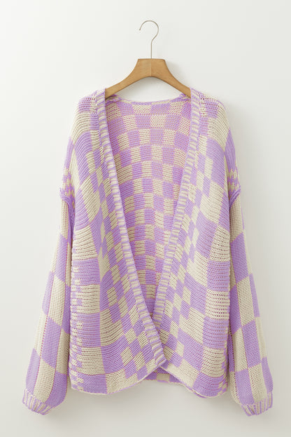Taupe Colorblock Checked Open Front Knitted Cardigan