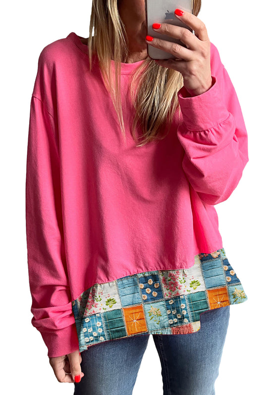 Strawberry Pink Floral Hemline Patchwork Round Neck Casual Top
