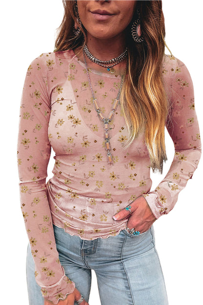 Sky Blue Floral Print Mesh Slim Fit Long Sleeve Top