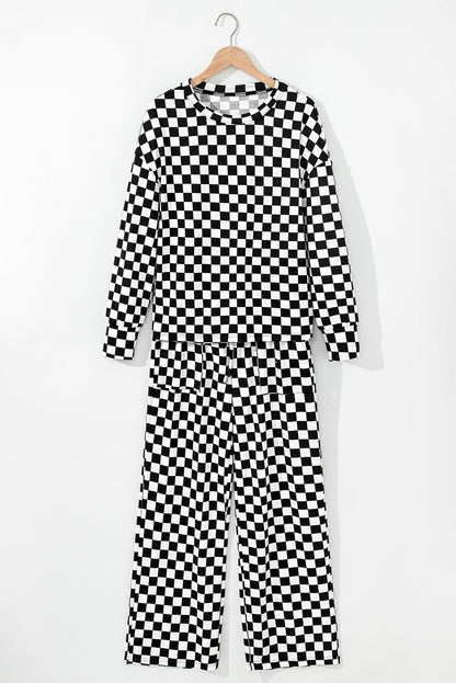 Beige Checkered Print Long Sleeve Loose Fit Pajama Set