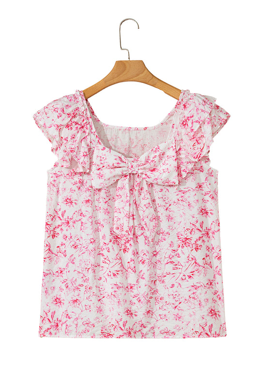 Pink Floral Ruffle Short Sleeve Bow Back Blouse