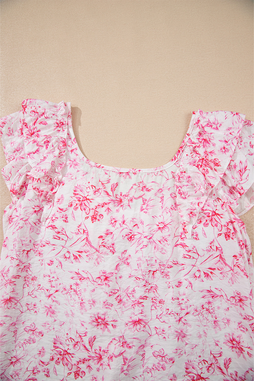 Pink Floral Ruffle Short Sleeve Bow Back Blouse