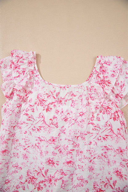 Pink Floral Ruffle Short Sleeve Bow Back Blouse