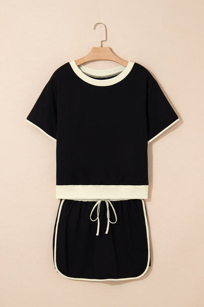 Turquoise Colorblock Edge Drop Shoulder T Shirt and Skort Set