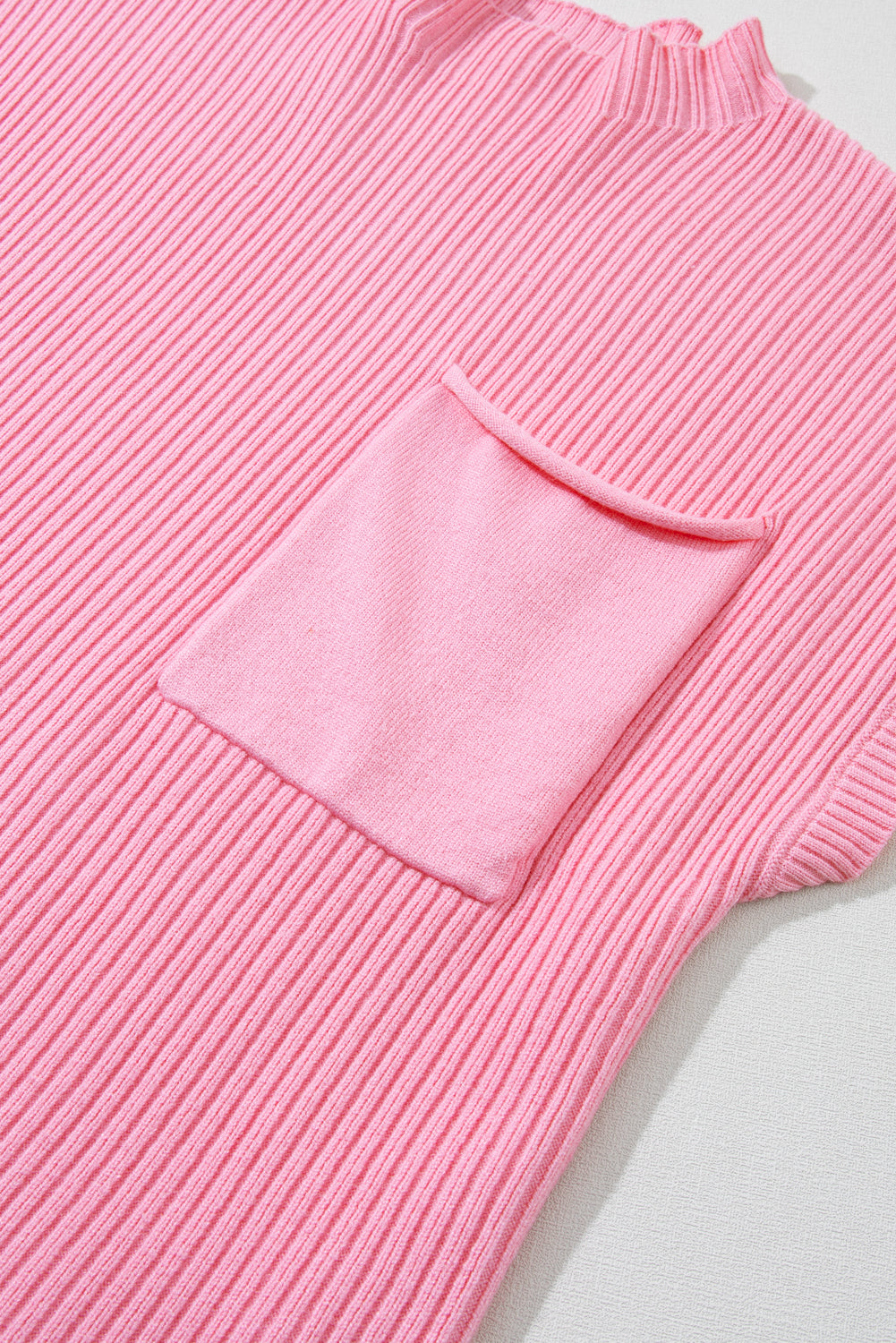 Dark Blue Patch Pocket Ribbed Knit Short Sleeve Sweater