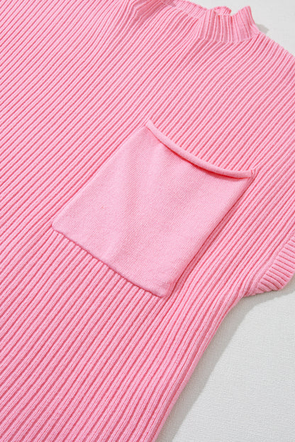 Dark Blue Patch Pocket Ribbed Knit Short Sleeve Sweater