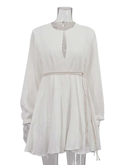 V-Neck Long Sleeve Lace-Up Dress