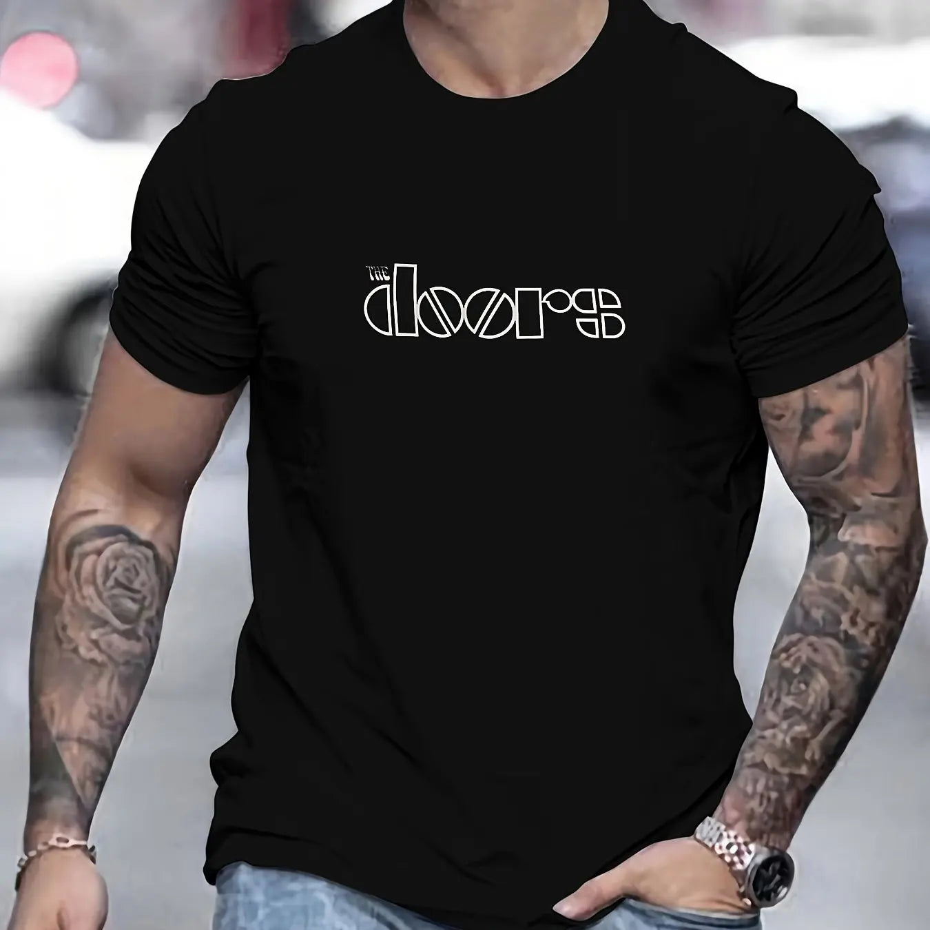 Men's Doors Printed Round Neck Short Sleeved T-shirt