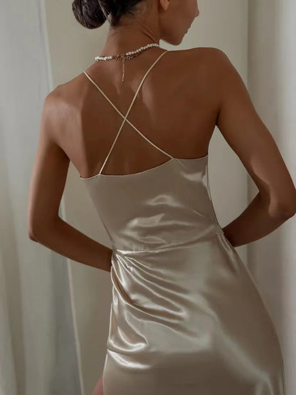 High Split Pleat Satin Formal Gown Dress