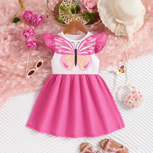 Girl's Butterfly Print Small Flying Sleeve Dress