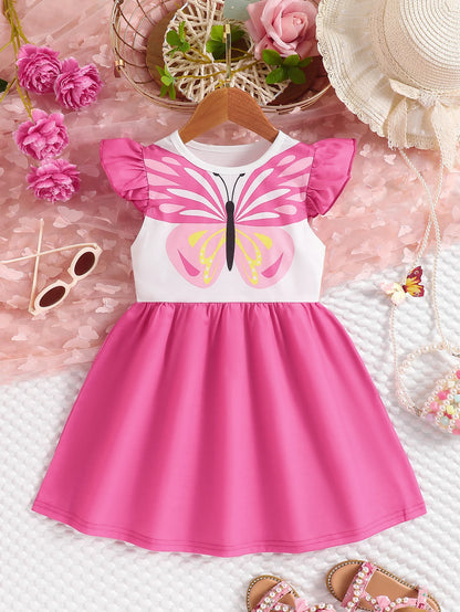 Girl's Butterfly Print Small Flying Sleeve Dress