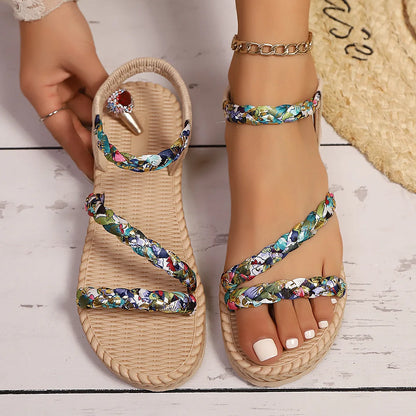 Floral Printing Flat Sandals for Women