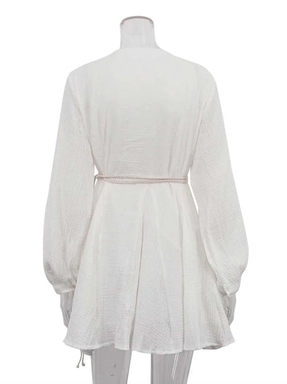 V-Neck Long Sleeve Lace-Up Dress