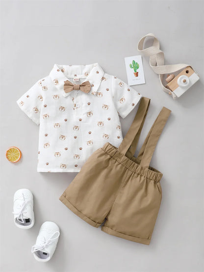 Infant Boy Clothes with Bow + Strap Shorts Set
