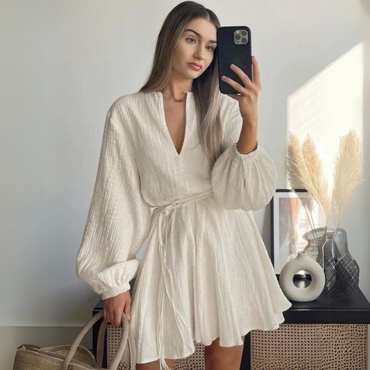V-Neck Long Sleeve Lace-Up Dress
