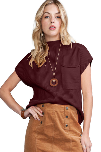Dark Blue Patch Pocket Ribbed Knit Short Sleeve Sweater