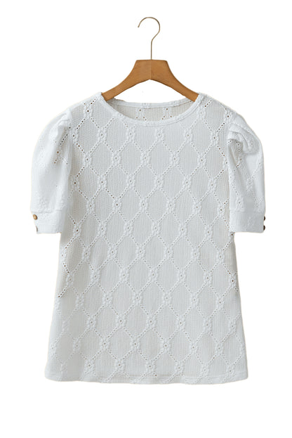 White Embroidered Floral Geometric Button Short Sleeve Top