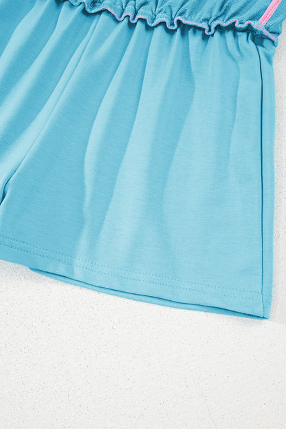 Turquoise Colorblock Edge Drop Shoulder T Shirt and Skort Set
