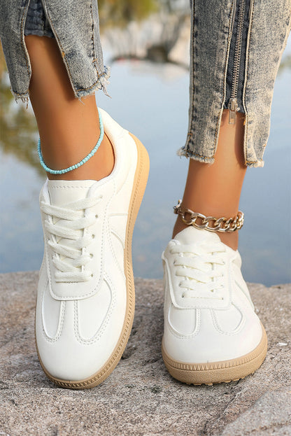 White Faux Leather Lace Up Flat Sneakers