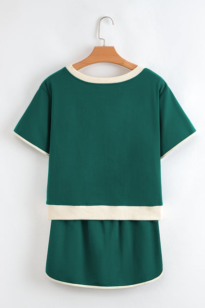 Turquoise Colorblock Edge Drop Shoulder T Shirt and Skort Set