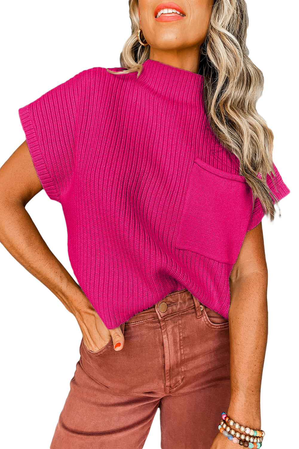 Dark Blue Patch Pocket Ribbed Knit Short Sleeve Sweater