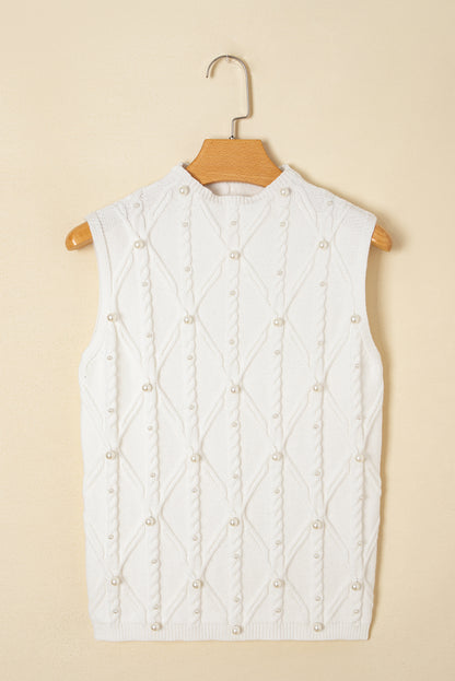 White Pearl High Neck Textured Knit Sweater Vest